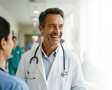 Smiling male doctor wearing a white coat and stethoscope talking to a colleague in a hospital corridor.