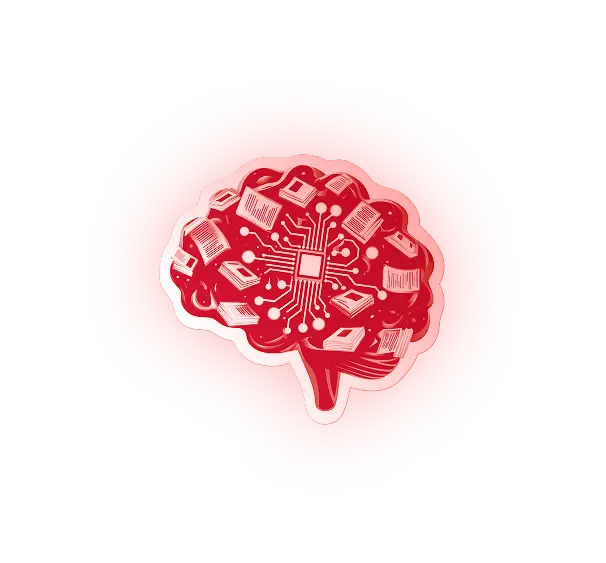 Illustration rouge d'un cerveau humain intégrant des circuits imprimés et composants électroniques symbolisant l'IA