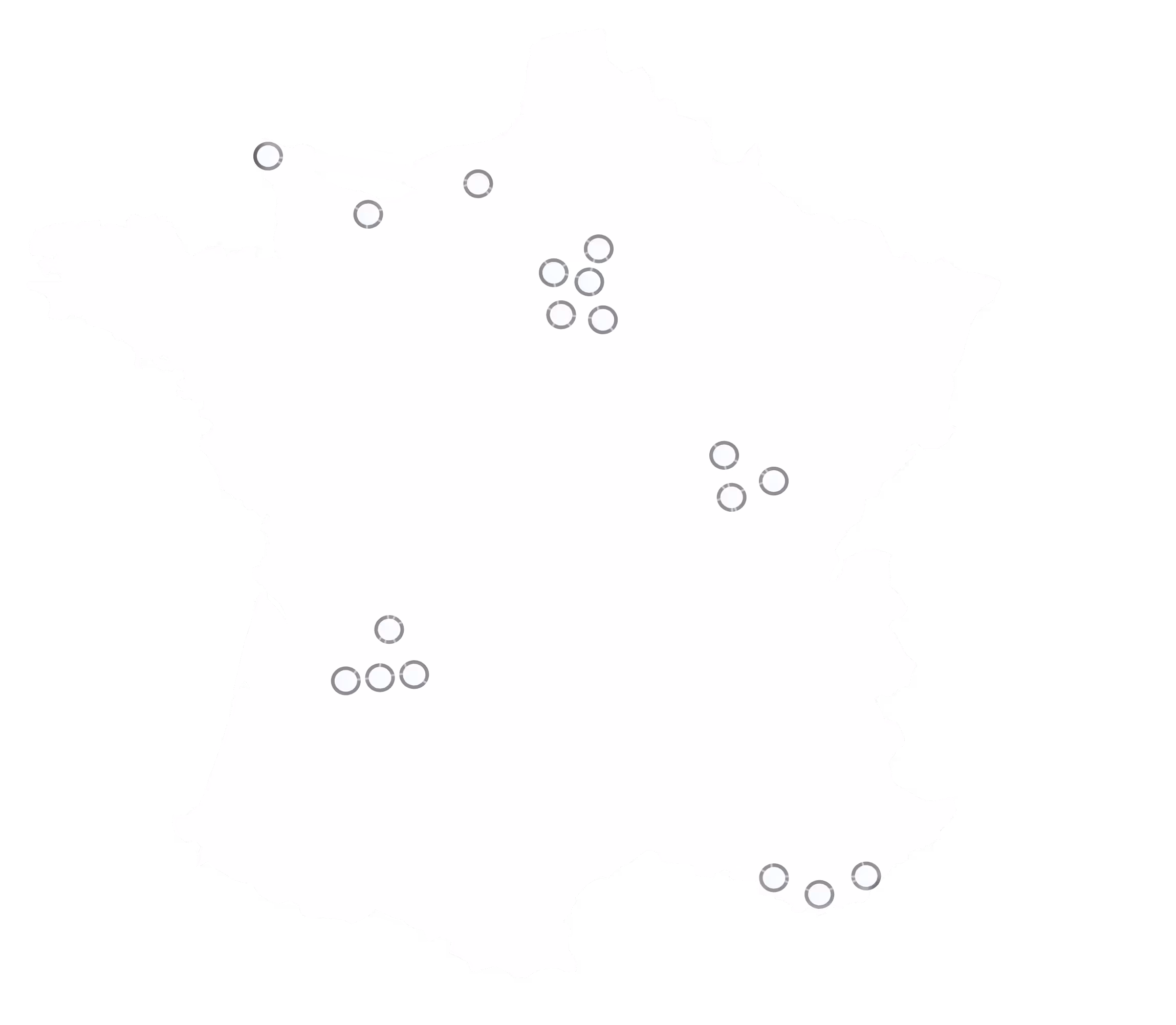 Carte de France avec points de localisation des hôpitaux partenaires Galeon répartis sur le territoire