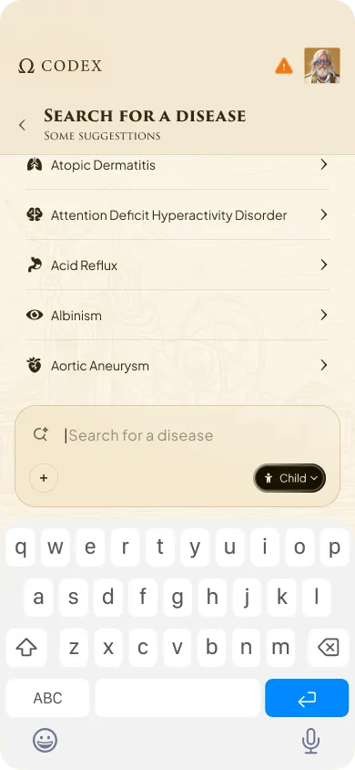 Écran de recherche de maladies dans l'application Codex avec suggestions comme dermatite atopique, TDAH et reflux gastrique