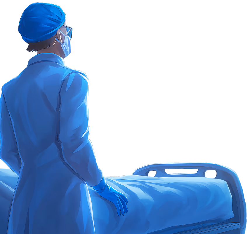 Illustration d'un chirurgien en tenue bleue, masque et gants, debout près d'un lit d'hôpital