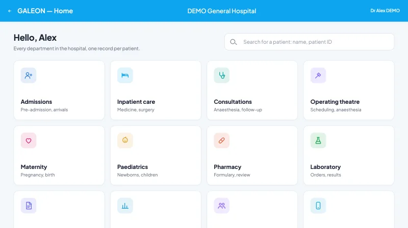Galeon's interface: the home screen, patient search and the hospital's modules