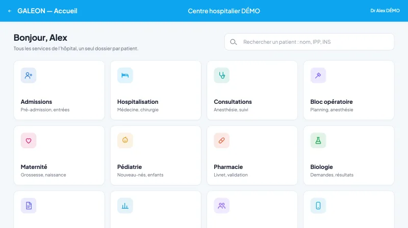 Interface de Galeon : l'accueil, la recherche d'un patient et les modules de l'hôpital
