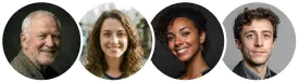 Headshots of four diverse individuals smiling, including an older man with a beard, two young women, and a young man.