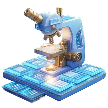 Illustration 3D d'un microscope médical bleu et doré posé sur des lames de verre empilées, symbolisant l'analyse médicale