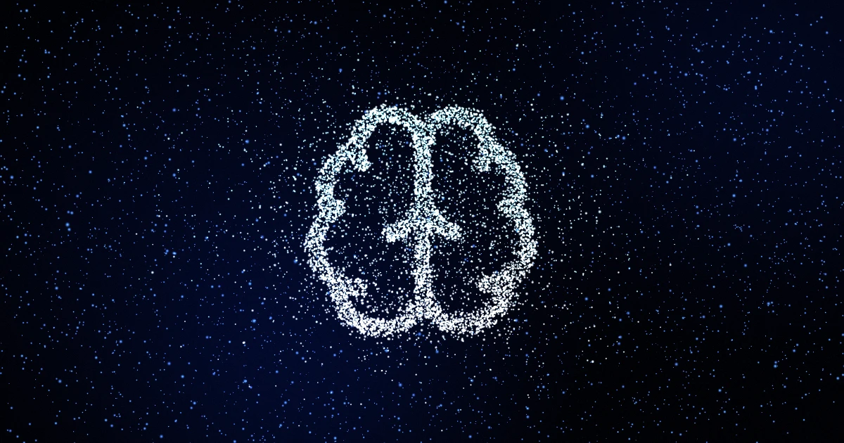 A brain drawn as a cloud of blue dots on a dark background, Galeon's artificial intelligence